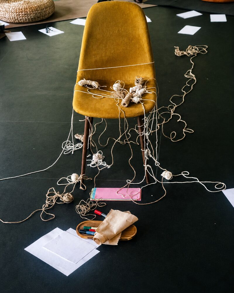 A chair and threads used in a group exercise