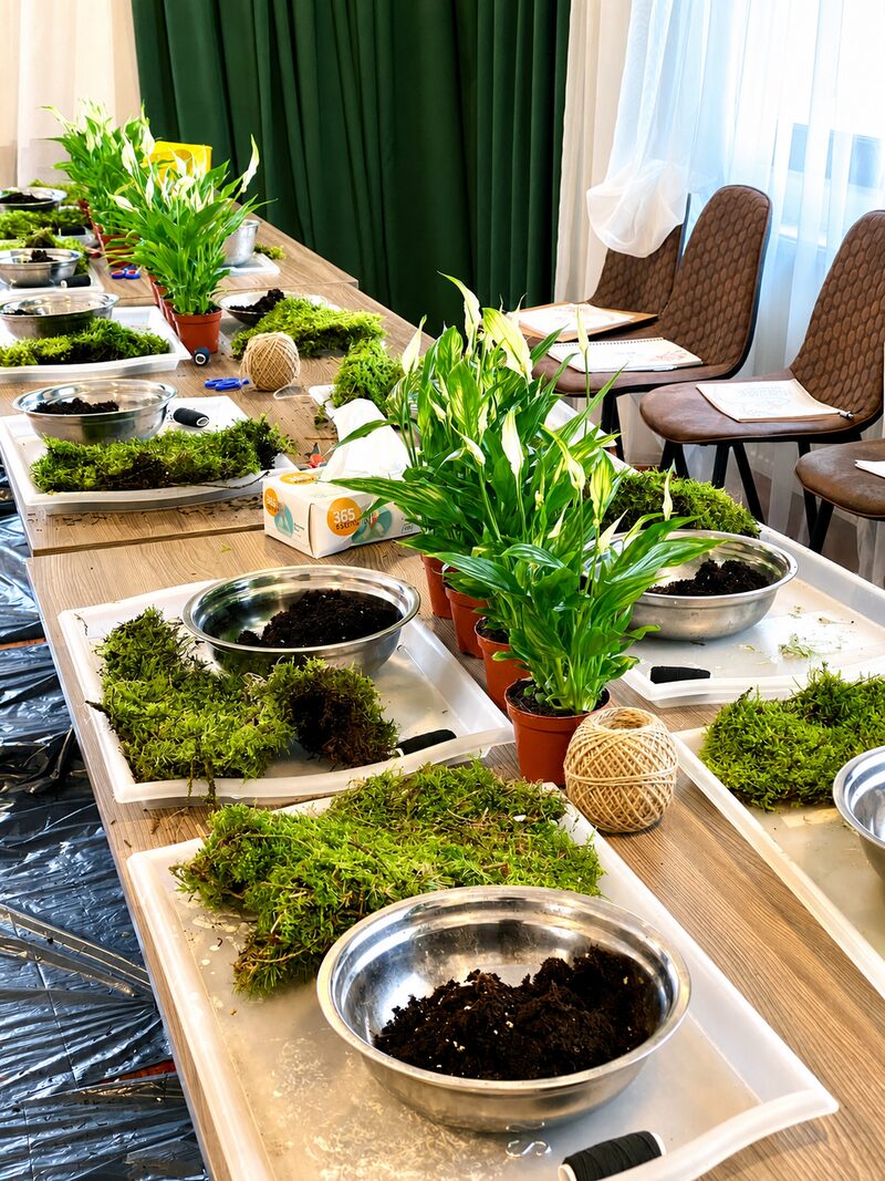 Plants and bowls prepared for a living-art workshop